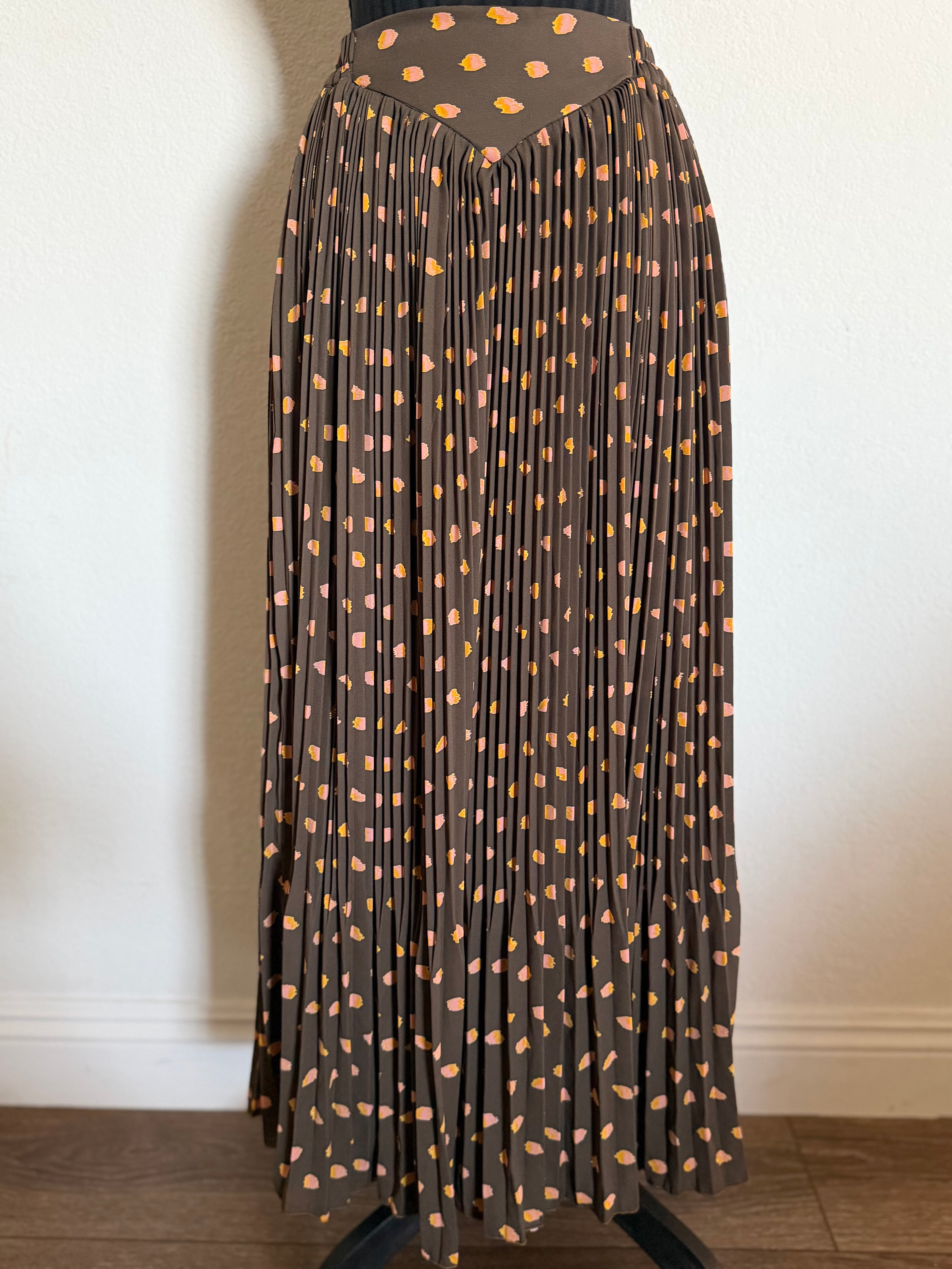Pleated Skirt, Divided Ends- Brown Olive with Dots
