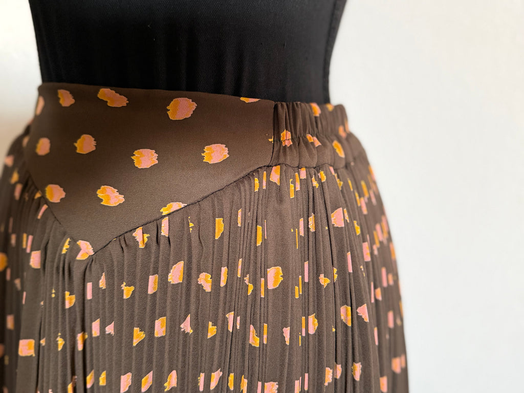 Pleated Skirt, Divided Ends- Brown Olive with Dots
