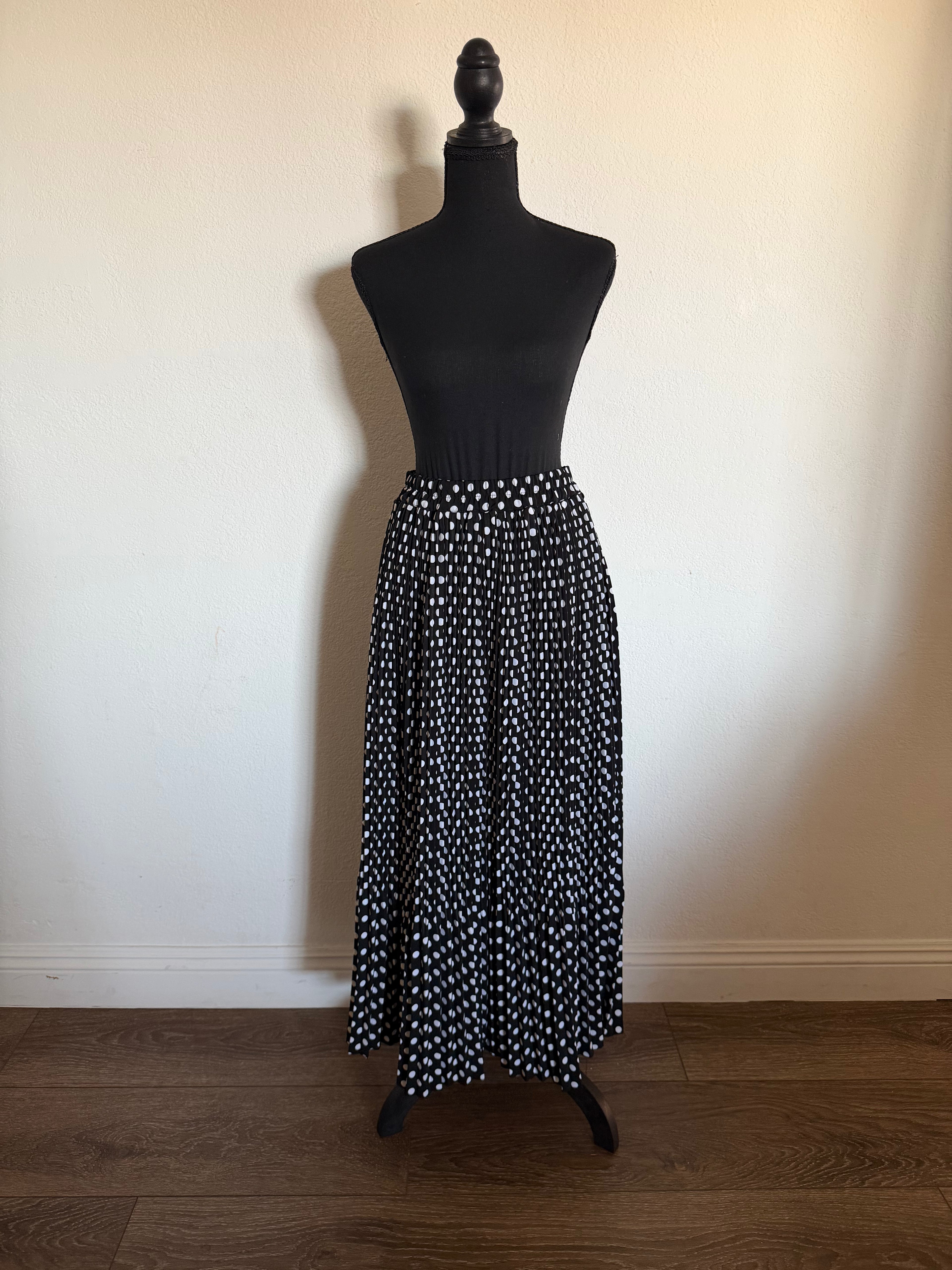 Pleated Skirt with Divided Ends - Black with White Polka Dots