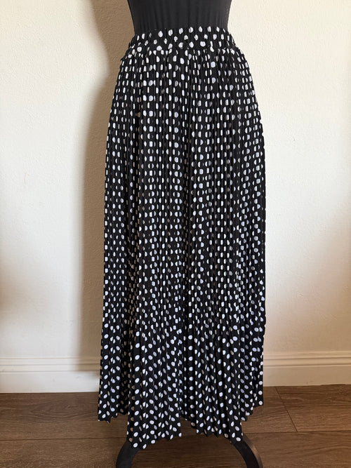 Pleated Skirt with Divided Ends - Black with White Polka Dots